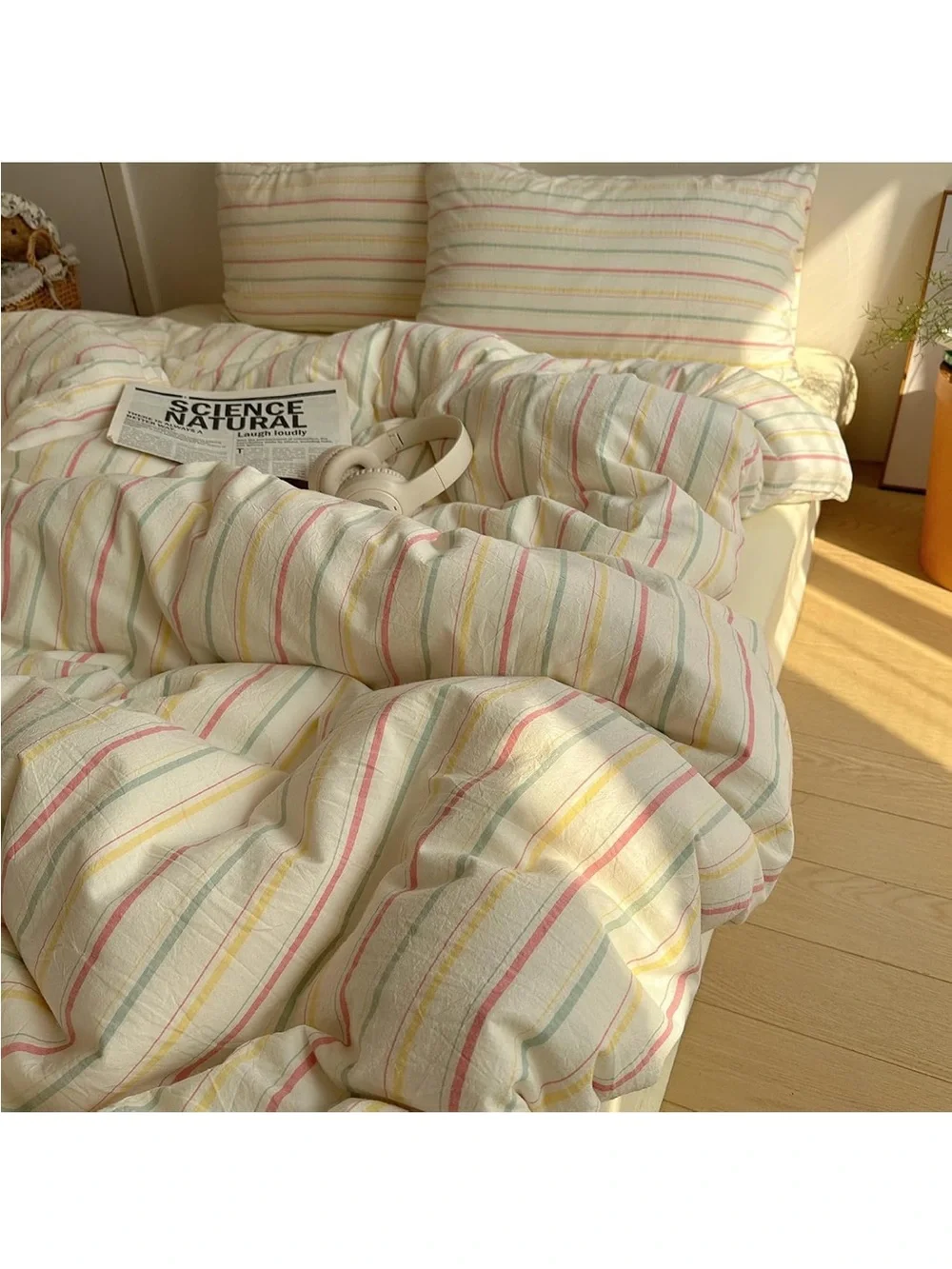 NEW Colorful 100% Cotton Striped Duvet Cover Pink Green Yellow, 3-Piece. Full